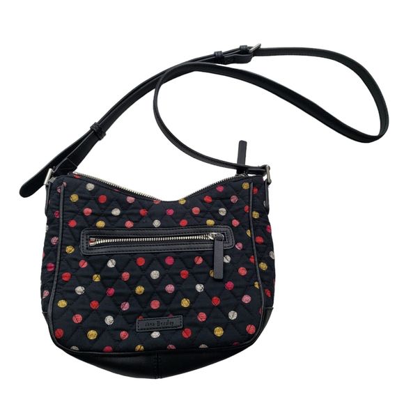 Vera Bradley Crossbody Purse; Black with Colorful Polka Dots; Approx. 8 x 9 x 3 - Picture 1 of 10